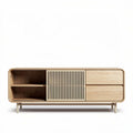 Wooden media console with storage compartments and slatted doors 150 x 40 x 60cm