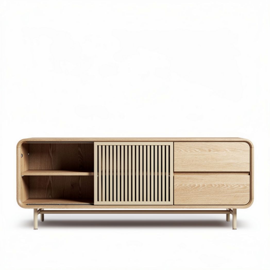 Wooden media console with storage compartments and slatted doors 150 x 40 x 60cm