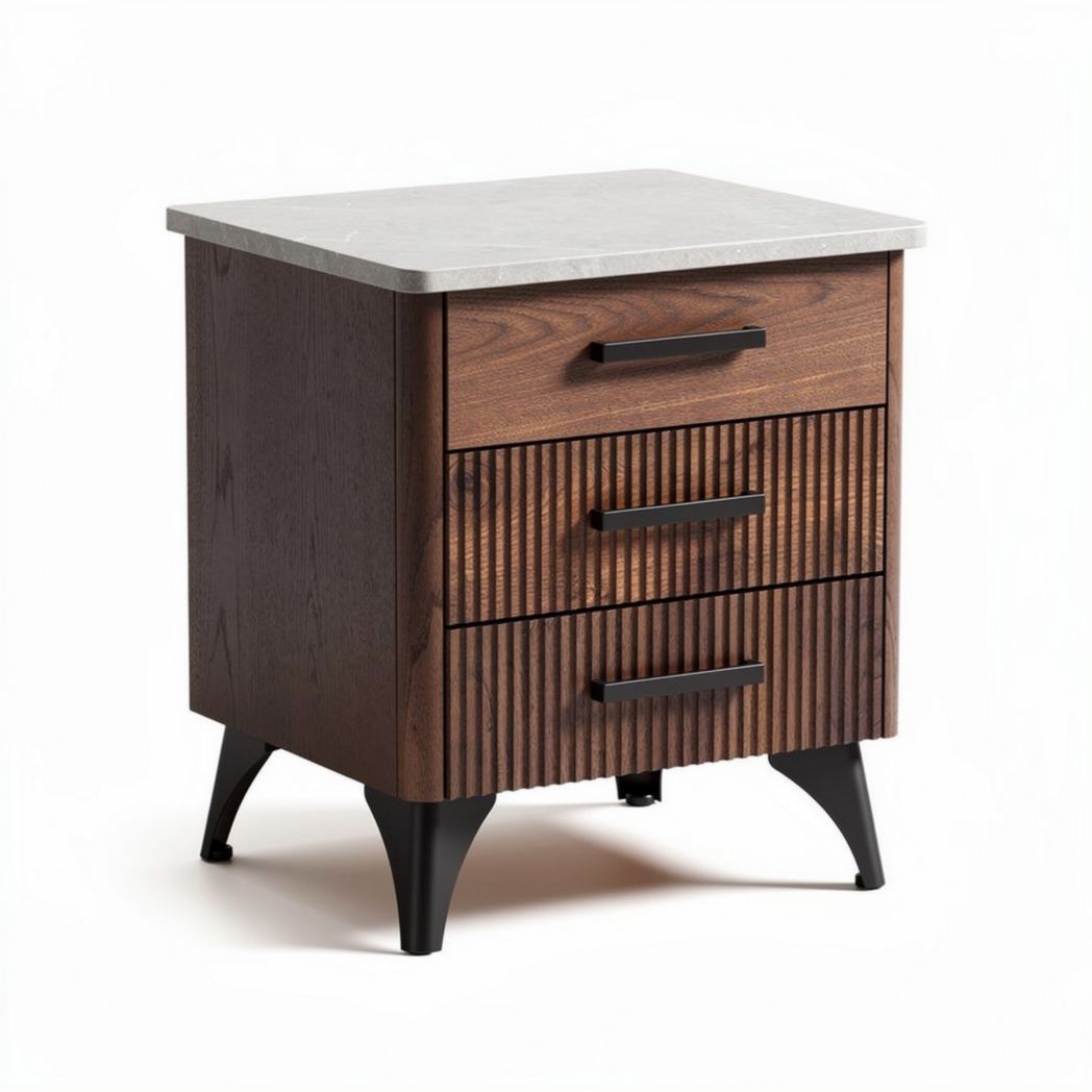 Wooden nightstand with marble top and three drawers 45 x 40 x 60cm