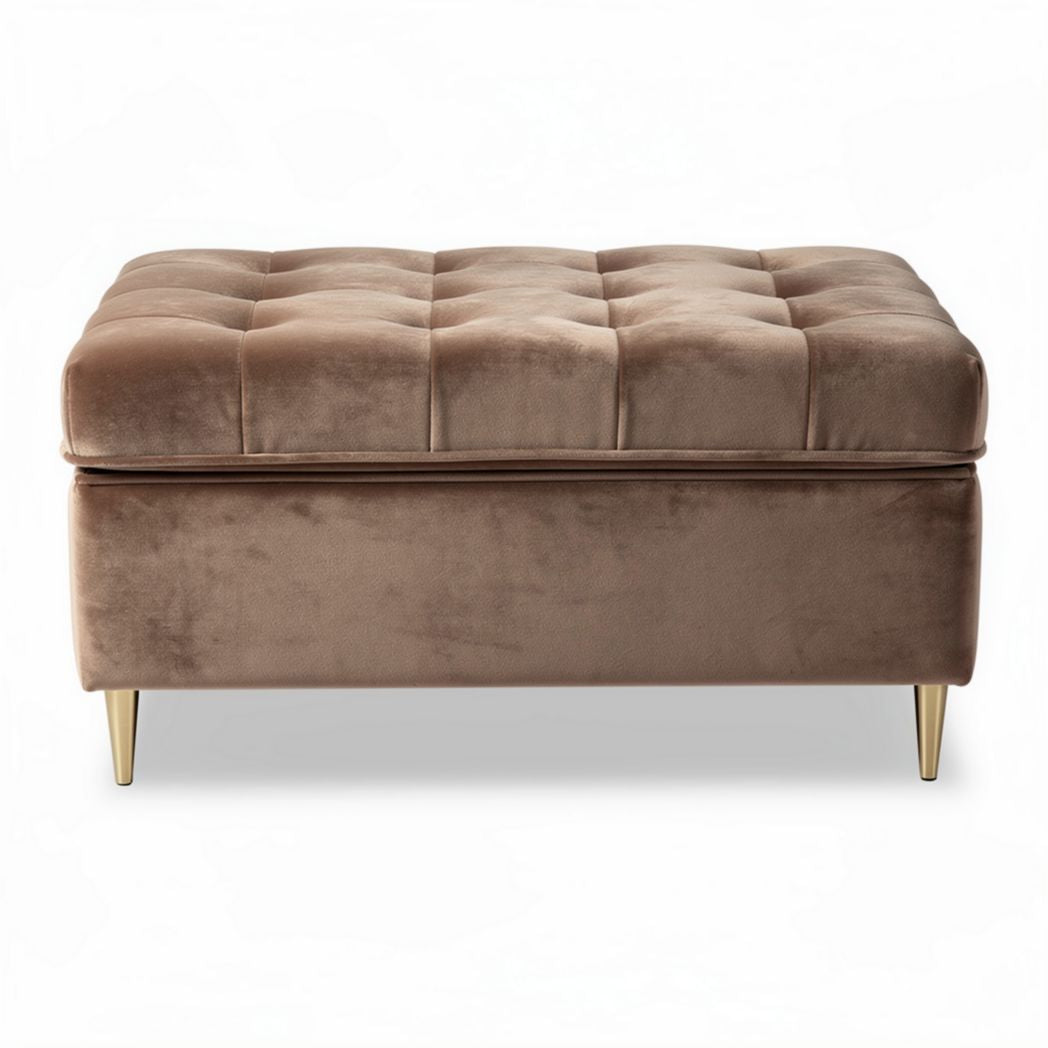 Tufted storage ottoman in brown velvet with gold legs 80 x 80 x 40cm