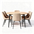 Round dining table with six upholstered chairs in beige and black metal legs 150 x 150 x 75cm