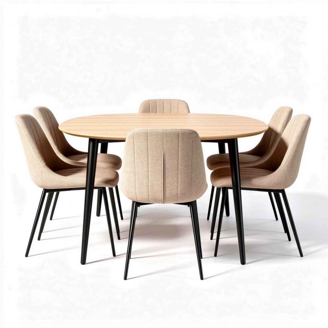 Round dining table with six upholstered chairs in beige and black metal legs 150 x 150 x 75cm