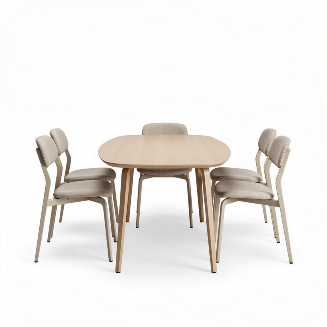 Dining table set with beige fabric chairs and wooden finish 150 x 90 x 75cm