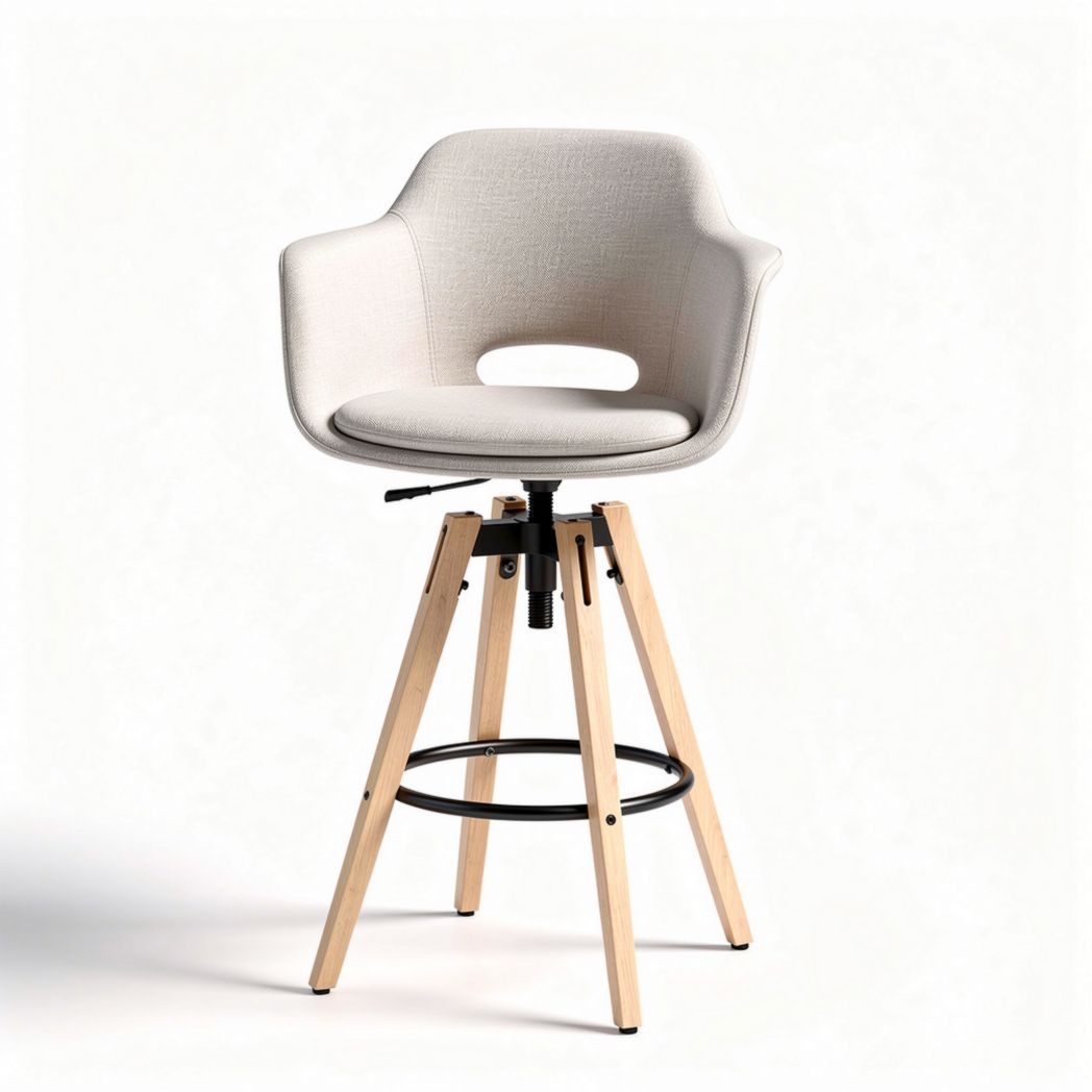 Adjustable bar stool with fabric seat and wooden legs in neutral color 45 x 45 x 100cm