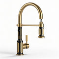 Brushed brass kitchen faucet with pull-down sprayer and swivel spout