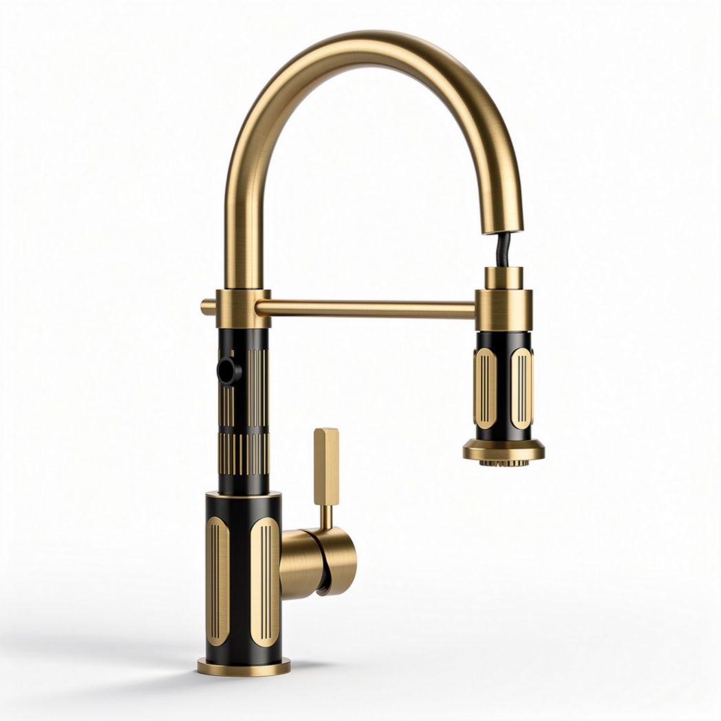 Brushed brass kitchen faucet with pull-down sprayer and swivel spout
