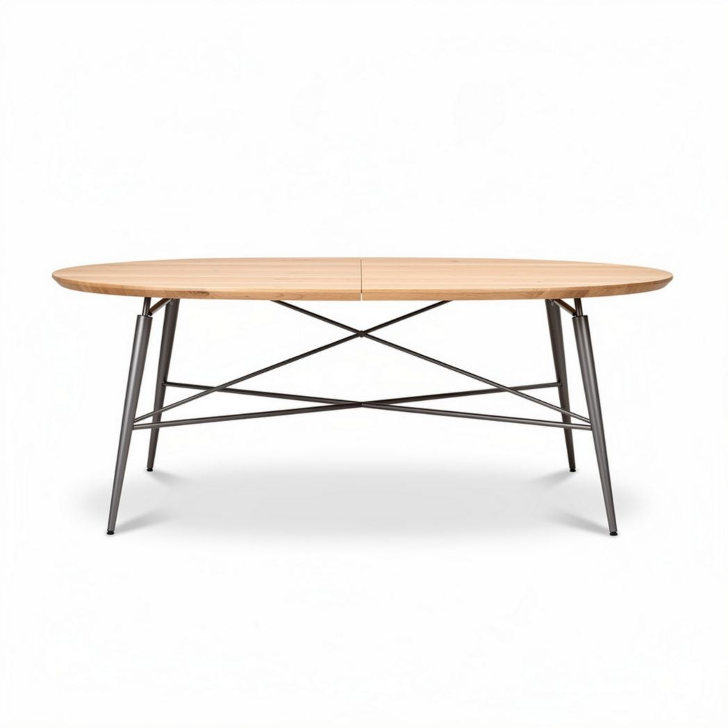 Wooden oval dining table with metal legs and cross supports 200 x 100 x 75cm
