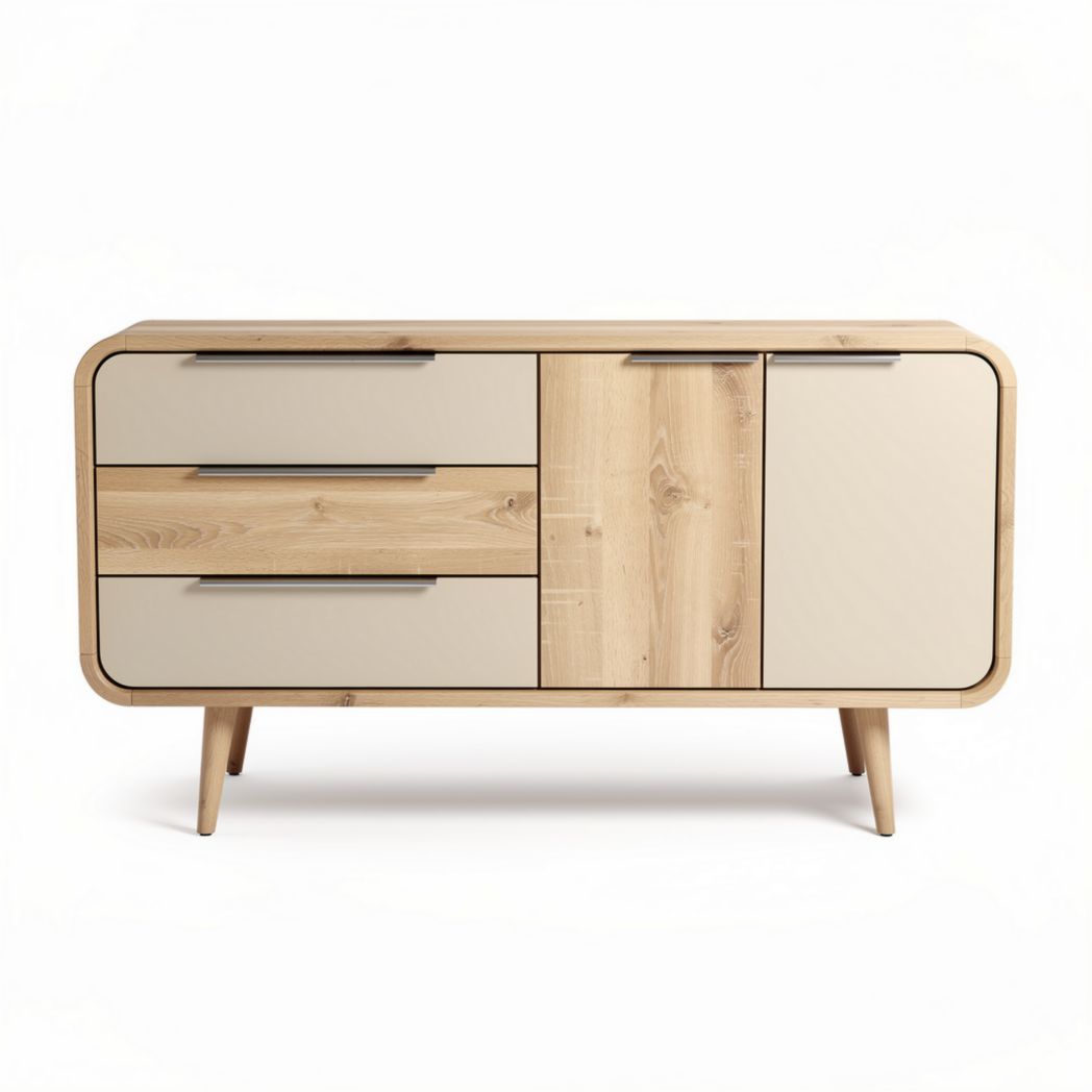 Wooden sideboard with three drawers and one cabinet in beige 150 x 40 x 80cm