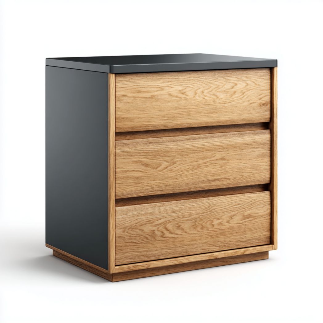 Wooden nightstand with three drawers in walnut finish and black frame 50 x 40 x 65cm